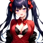 1girl Black Eyes Blue Hair Blush Bow Bowtie Bra Breasts Center Opening Cleavage Collared Shirt Fang Black Bra Hair Intakes, 1093644196