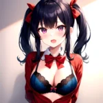1girl Black Eyes Blue Hair Blush Bow Bowtie Bra Breasts Center Opening Cleavage Collared Shirt Fang Black Bra Hair Intakes, 1179119159