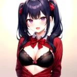 1girl Black Eyes Blue Hair Blush Bow Bowtie Bra Breasts Center Opening Cleavage Collared Shirt Fang Black Bra Hair Intakes, 1315744547