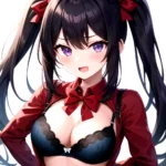 1girl Black Eyes Blue Hair Blush Bow Bowtie Bra Breasts Center Opening Cleavage Collared Shirt Fang Black Bra Hair Intakes, 1354077755
