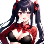 1girl Black Eyes Blue Hair Blush Bow Bowtie Bra Breasts Center Opening Cleavage Collared Shirt Fang Black Bra Hair Intakes, 1424765545