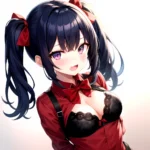 1girl Black Eyes Blue Hair Blush Bow Bowtie Bra Breasts Center Opening Cleavage Collared Shirt Fang Black Bra Hair Intakes, 1813331673