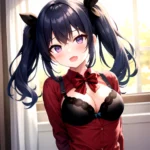 1girl Black Eyes Blue Hair Blush Bow Bowtie Bra Breasts Center Opening Cleavage Collared Shirt Fang Black Bra Hair Intakes, 188467806