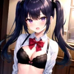 1girl Black Eyes Blue Hair Blush Bow Bowtie Bra Breasts Center Opening Cleavage Collared Shirt Fang Black Bra Hair Intakes, 1916981360