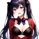 1girl Black Eyes Blue Hair Blush Bow Bowtie Bra Breasts Center Opening Cleavage Collared Shirt Fang Black Bra Hair Intakes, 2082521411