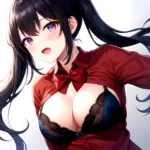 1girl Black Eyes Blue Hair Blush Bow Bowtie Bra Breasts Center Opening Cleavage Collared Shirt Fang Black Bra Hair Intakes, 2182082370