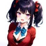 1girl Black Eyes Blue Hair Blush Bow Bowtie Bra Breasts Center Opening Cleavage Collared Shirt Fang Black Bra Hair Intakes, 2491513942