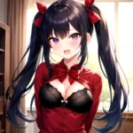 1girl Black Eyes Blue Hair Blush Bow Bowtie Bra Breasts Center Opening Cleavage Collared Shirt Fang Black Bra Hair Intakes, 2508384966