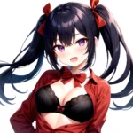 1girl Black Eyes Blue Hair Blush Bow Bowtie Bra Breasts Center Opening Cleavage Collared Shirt Fang Black Bra Hair Intakes, 2630073969