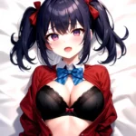 1girl Black Eyes Blue Hair Blush Bow Bowtie Bra Breasts Center Opening Cleavage Collared Shirt Fang Black Bra Hair Intakes, 2795351825