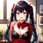 1girl Black Eyes Blue Hair Blush Bow Bowtie Bra Breasts Center Opening Cleavage Collared Shirt Fang Black Bra Hair Intakes, 2799602227