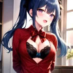 1girl Black Eyes Blue Hair Blush Bow Bowtie Bra Breasts Center Opening Cleavage Collared Shirt Fang Black Bra Hair Intakes, 299670592