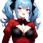 1girl Black Eyes Blue Hair Blush Bow Bowtie Bra Breasts Center Opening Cleavage Collared Shirt Fang Black Bra Hair Intakes, 3217215474