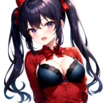 1girl Black Eyes Blue Hair Blush Bow Bowtie Bra Breasts Center Opening Cleavage Collared Shirt Fang Black Bra Hair Intakes, 3326042697