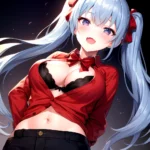 1girl Black Eyes Blue Hair Blush Bow Bowtie Bra Breasts Center Opening Cleavage Collared Shirt Fang Black Bra Hair Intakes, 3755725009