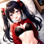 1girl Black Eyes Blue Hair Blush Bow Bowtie Bra Breasts Center Opening Cleavage Collared Shirt Fang Black Bra Hair Intakes, 4168149988