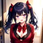1girl Black Eyes Blue Hair Blush Bow Bowtie Bra Breasts Center Opening Cleavage Collared Shirt Fang Black Bra Hair Intakes, 4191888366