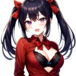 1girl Black Eyes Blue Hair Blush Bow Bowtie Bra Breasts Center Opening Cleavage Collared Shirt Fang Black Bra Hair Intakes, 63506486