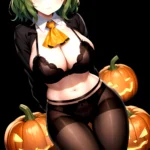 Pumpkins Halloween Kazami Yuuka 1girl Arms Behind Back Ascot Black Background Black Bra Black Panties Black Pantyhose Bra Breast, 1105163040