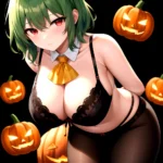 Pumpkins Halloween Kazami Yuuka 1girl Arms Behind Back Ascot Black Background Black Bra Black Panties Black Pantyhose Bra Breast, 1118129416