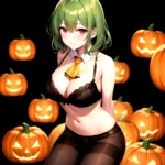 Pumpkins Halloween Kazami Yuuka 1girl Arms Behind Back Ascot Black Background Black Bra Black Panties Black Pantyhose Bra Breast, 2130535312