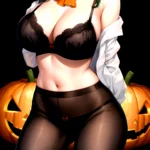 Pumpkins Halloween Kazami Yuuka 1girl Arms Behind Back Ascot Black Background Black Bra Black Panties Black Pantyhose Bra Breast, 3343661906
