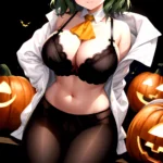 Pumpkins Halloween Kazami Yuuka 1girl Arms Behind Back Ascot Black Background Black Bra Black Panties Black Pantyhose Bra Breast, 604623965