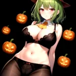Pumpkins Halloween Kazami Yuuka 1girl Arms Behind Back Ascot Black Background Black Bra Black Panties Black Pantyhose Bra Breast, 998629489