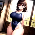 Takarada Rikka 1girl Against Wall Blue Eyes Blush Breasts Collarbone Competition Swimsuit Curvy Groin Highleg Huge Breasts Indoo, 1546370807