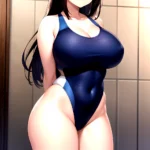 Takarada Rikka 1girl Against Wall Blue Eyes Blush Breasts Collarbone Competition Swimsuit Curvy Groin Highleg Huge Breasts Indoo, 156233521