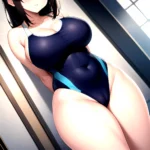 Takarada Rikka 1girl Against Wall Blue Eyes Blush Breasts Collarbone Competition Swimsuit Curvy Groin Highleg Huge Breasts Indoo, 1672171553