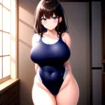 Takarada Rikka 1girl Against Wall Blue Eyes Blush Breasts Collarbone Competition Swimsuit Curvy Groin Highleg Huge Breasts Indoo, 1806714329