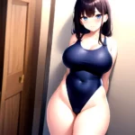 Takarada Rikka 1girl Against Wall Blue Eyes Blush Breasts Collarbone Competition Swimsuit Curvy Groin Highleg Huge Breasts Indoo, 224493540