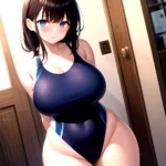 Takarada Rikka 1girl Against Wall Blue Eyes Blush Breasts Collarbone Competition Swimsuit Curvy Groin Highleg Huge Breasts Indoo, 2682407358