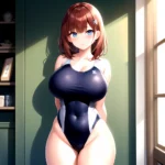 Takarada Rikka 1girl Against Wall Blue Eyes Blush Breasts Collarbone Competition Swimsuit Curvy Groin Highleg Huge Breasts Indoo, 3107361224