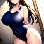Takarada Rikka 1girl Against Wall Blue Eyes Blush Breasts Collarbone Competition Swimsuit Curvy Groin Highleg Huge Breasts Indoo, 3239789045
