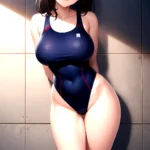 Takarada Rikka 1girl Against Wall Blue Eyes Blush Breasts Collarbone Competition Swimsuit Curvy Groin Highleg Huge Breasts Indoo, 3311212233