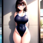 Takarada Rikka 1girl Against Wall Blue Eyes Blush Breasts Collarbone Competition Swimsuit Curvy Groin Highleg Huge Breasts Indoo, 390246589