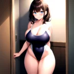 Takarada Rikka 1girl Against Wall Blue Eyes Blush Breasts Collarbone Competition Swimsuit Curvy Groin Highleg Huge Breasts Indoo, 4079779358