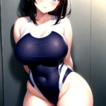 Takarada Rikka 1girl Against Wall Blue Eyes Blush Breasts Collarbone Competition Swimsuit Curvy Groin Highleg Huge Breasts Indoo, 425006111