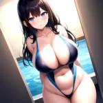 Takarada Rikka 1girl Against Wall Blue Eyes Blush Breasts Collarbone Competition Swimsuit Curvy Groin Highleg Huge Breasts Indoo, 478227020