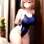 Takarada Rikka 1girl Against Wall Blue Eyes Blush Breasts Collarbone Competition Swimsuit Curvy Groin Highleg Huge Breasts Indoo, 806026569