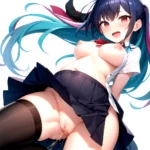 1girl Arms Behind Back 1 3 Blue Hair Blush Breasts Breasts Out Long Hair Facing The Viewer Medium Breasts Multicolored, 4226200024