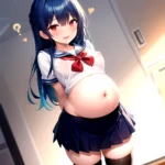 1girl Arms Behind Back 1 3 Blue Hair Blush Breasts Breasts Out Pregnant Long Hair Facing The Viewer Medium Breasts, 3240173791