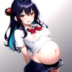 1girl Arms Behind Back 1 3 Blue Hair Blush Breasts Breasts Out Pregnant Long Hair Facing The Viewer Medium Breasts, 3707279095