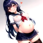 1girl Arms Behind Back 1 3 Blue Hair Blush Breasts Breasts Out Pregnant Long Hair Facing The Viewer Medium Breasts, 573254491