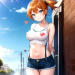 Misty Pokemon 1girl Blue Panties Breasts Denim Denim Shorts Head Tilt Heart Medium Breasts Navel Nipples No Bra Orange Hair, 2130399943