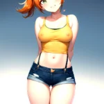 Misty Pokemon 1girl Blue Panties Breasts Denim Denim Shorts Head Tilt Heart Medium Breasts Navel Nipples No Bra Orange Hair, 2653195079
