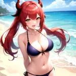 Nilou Genshin Impact 1girl Bare Shoulders Beach Bikini Blush Breasts Cleavage Collarbone Fake Horns Horns Large Breasts Long Hai, 1364732151