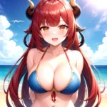 Nilou Genshin Impact 1girl Bare Shoulders Beach Bikini Blush Breasts Cleavage Collarbone Fake Horns Horns Large Breasts Long Hai, 1436518260